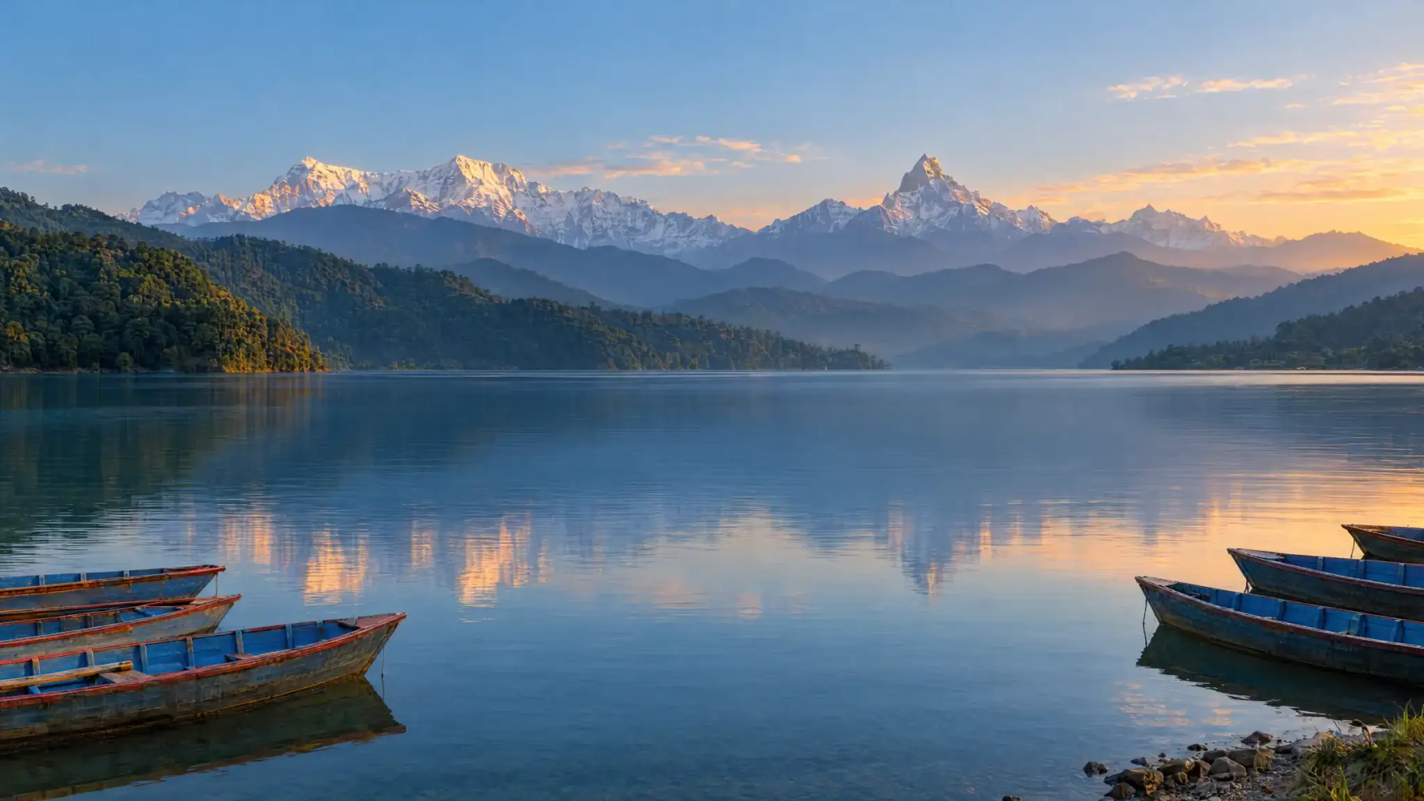 Phewa Lake in Pokhara, with snow peaks, forested hills, and wooden boats