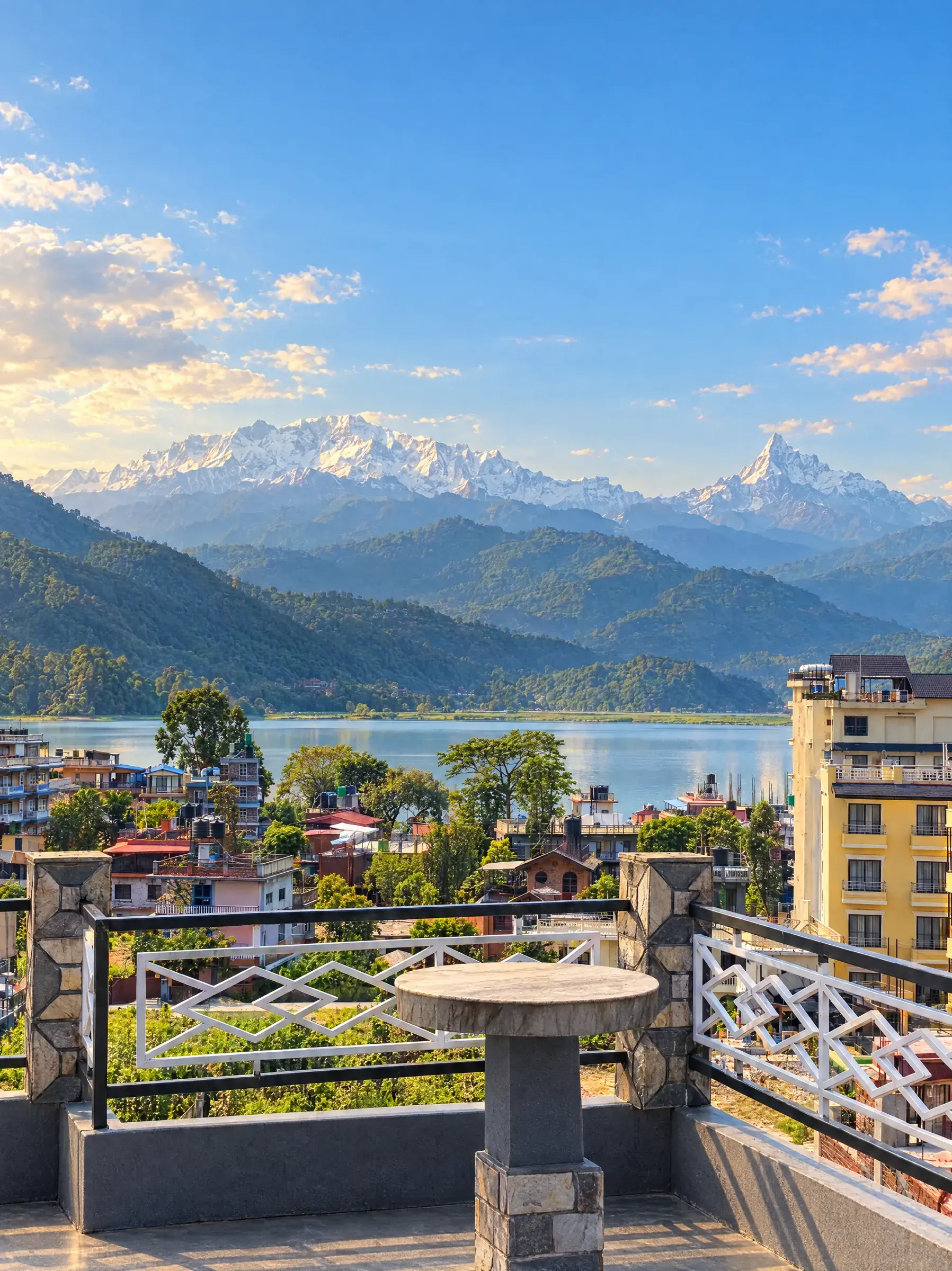 Phewa Lake and the Annapurna mountains viewed from the apartment rooftop